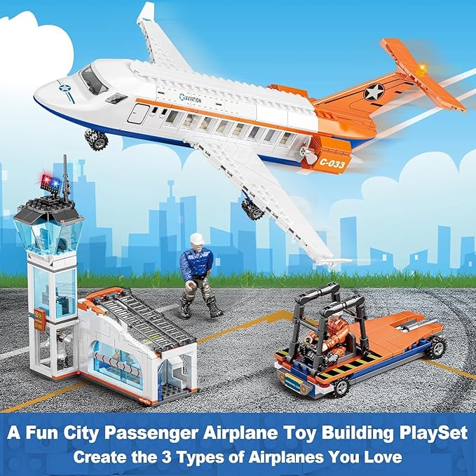 City Passenger Airplane Building Set for Boys, 3 in 1 Plane Helicopter Toy Kit with 3 Airport Staff, Terminal, Baggage Truck, Radar Tower, STEM Toy Gift for Kids Girls 6 7 8 9 10+ Years Old (796 PCS)