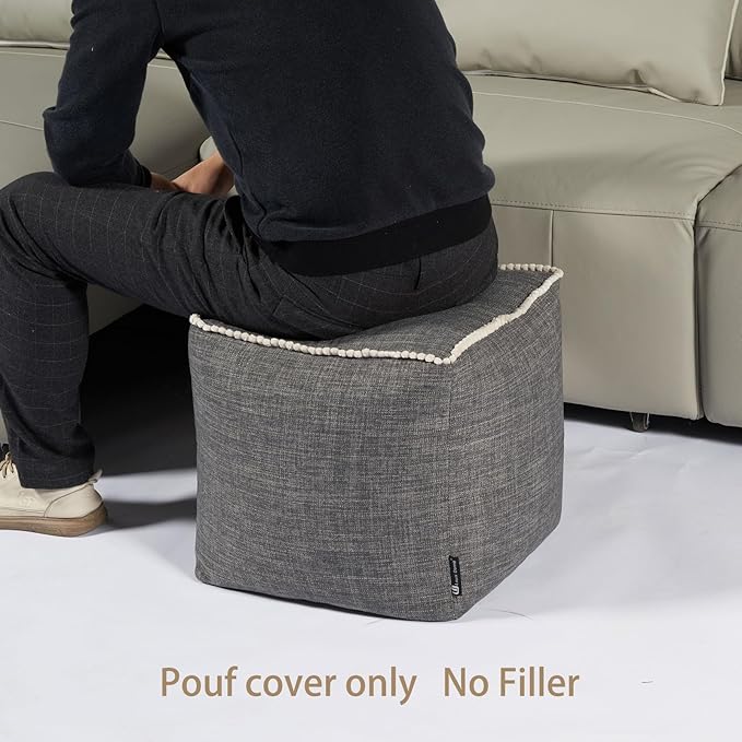 Louis Donné Unstuffed Pouf Ottoman Footstool Cover Gray Cottom Fabric for Storage, Decorative Washable Pouf Footstool with Trim Lace for Living Room House Warming Gifts(Only Cover)