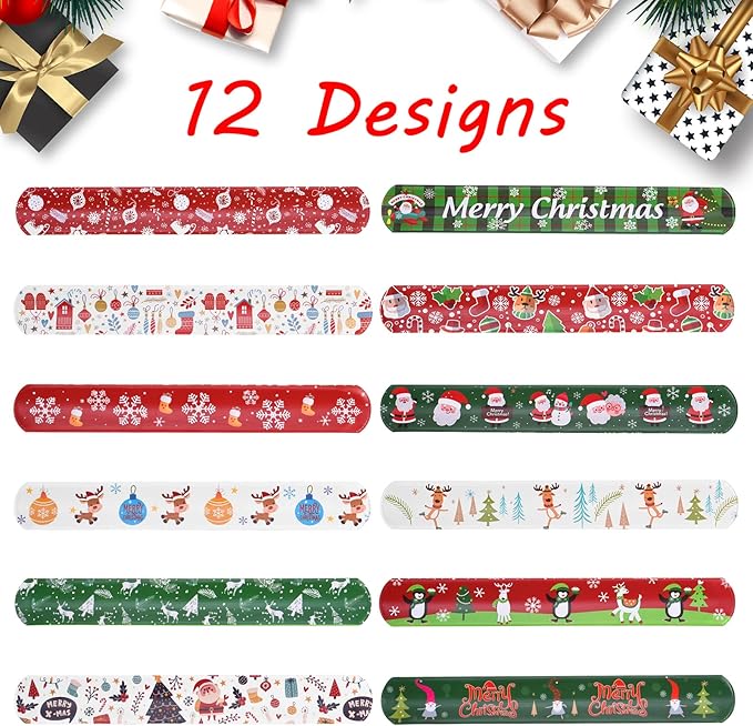 48PCS Christmas Slap Bracelets Slap Xmas Snap Bracelet Party Favors Toys Slap Bands Assorted Christmas Theme Pattern for Christmas Party Favors