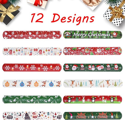 48PCS Christmas Slap Bracelets Slap Xmas Snap Bracelet Party Favors Toys Slap Bands Assorted Christmas Theme Pattern for Christmas Party Favors