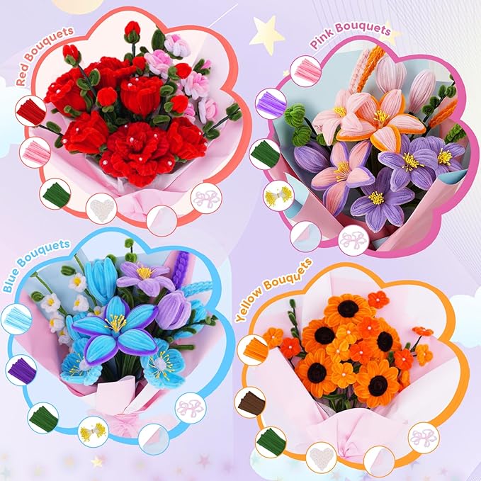 900 PCS Pipe Cleaners Craft, Pipe Cleaner Bulk Flower Kit 14 Colors Chenille Stems Flower Making Kit with Greeting Card, Floral Wires, Tape, Stamen, Floral Wrapping Paper & Ribbon for Art DIY Flowers