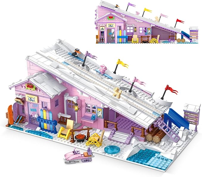 Pink Girls Ski Resort Winter Village House Building Set Compatible with Lego Friends Snow Cabin Collection, Construction Educational Toy for Kids Age 8-12 and Up 1042 PCS