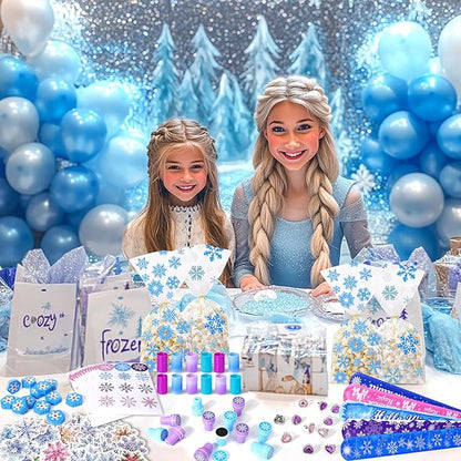 XANGNIER 134 Pcs Frozen Birthday Party Favors Decorations, Winter Frozen Party Supplies with Goodie Bag Snowflake Stickers Heart Ring Erasers Silicone Slap Bracelets Stamp Coil Springs