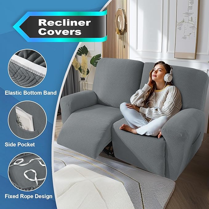 JIVINER 4 Pieces Recliner Loveseat Covers Stretch Recliner Sofa Slipcover with Elastic Bottom Jacquard Fitted Reclining Couch Cover Furniture Protector with Pockets (2 Seater, Light Grey)