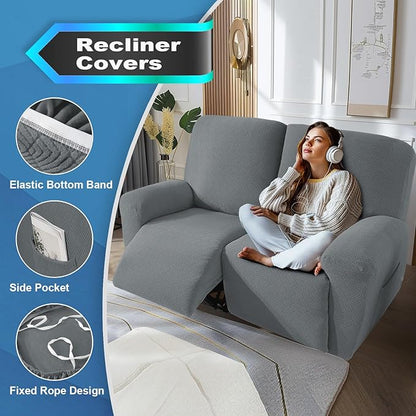 JIVINER 4 Pieces Recliner Loveseat Covers Stretch Recliner Sofa Slipcover with Elastic Bottom Jacquard Fitted Reclining Couch Cover Furniture Protector with Pockets (2 Seater, Light Grey)