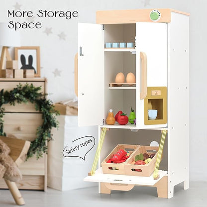 PairPear Kids Play Kitchen Toy Refrigerator, Wooden Toy Fridge Freezer Set for Kids, Toddler Kitchen Playset with Pretend Play Kitchen Acessories, Play Food Gift for Boys & Girls Age 3+