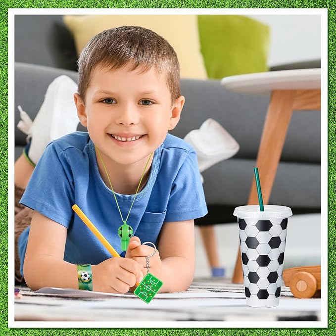 122 Pcs Soccer Party Favors Set Soccer Goodie Bags Stuffers Includes Cups with Straw Mini Stress Ball Keychains Slap Bracelets Whistles Stickers Pens for Birthday Party Supplies