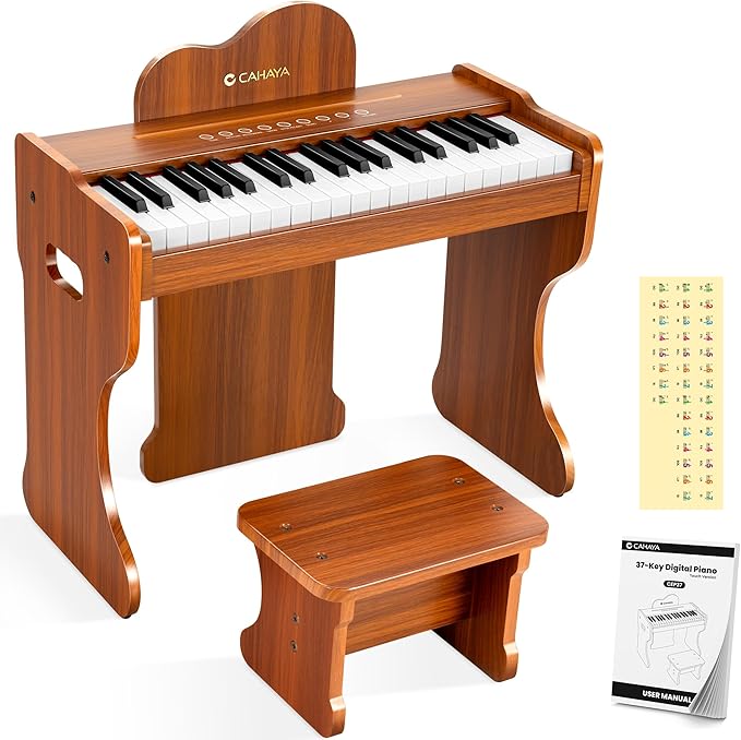 CAHAYA Kids Piano Keyboard Wooden - 37 Keys Digital Piano for child, Baby Piano Toy with Touch Controls Music Educational Instrument Set Wooden Toy for 3+ Girls Boys Gift