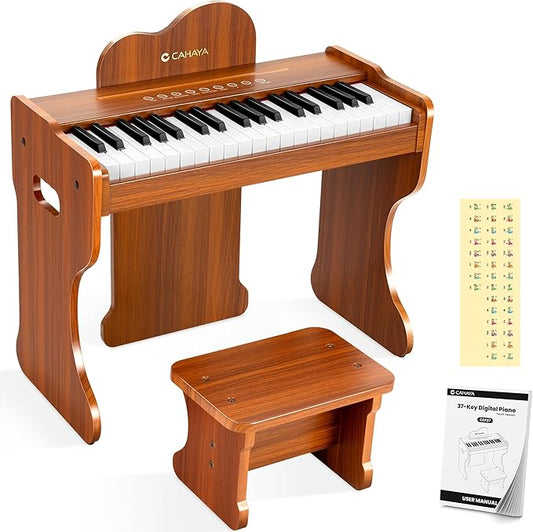 CAHAYA Kids Piano Keyboard Wooden - 37 Keys Digital Piano for child, Baby Piano Toy with Touch Controls Music Educational Instrument Set Wooden Toy for 3+ Girls Boys Gift