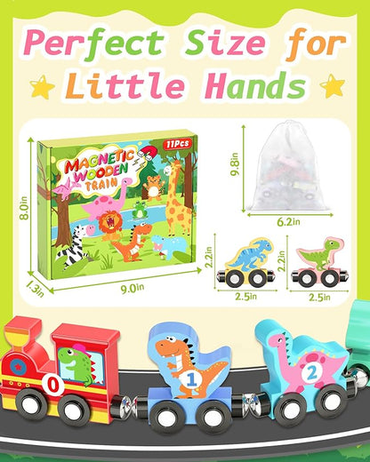 11 Pcs Magnetic Dinosaur Train Set Montessori Toys for 1 2 3 Years Old Toddlers Boys Girls, Wooden Dinosaur Preschool Learning Easter Basket Stuffers Sensory Toys Birthday Gifts Ages 1-3, 2-4