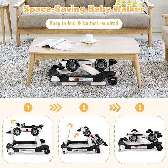 GLACER Foldable Baby Walker, 4-in-1 Infant Walker with Adjustable Height & Speed, Music, Light, Steering Wheel & Washable Cushion, Baby Walker Activity Center for Boys Girls 6 –18 Months (White)