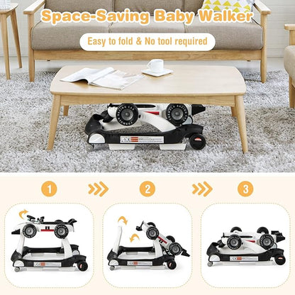 GLACER Foldable Baby Walker, 4-in-1 Infant Walker with Adjustable Height & Speed, Music, Light, Steering Wheel & Washable Cushion, Baby Walker Activity Center for Boys Girls 6 –18 Months (White)