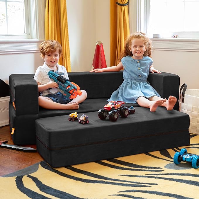 Jaxx Zipline Kids Sofa & Large Ottoman 3 in 1 Fold Out Sofa, Big Kids Edition Black