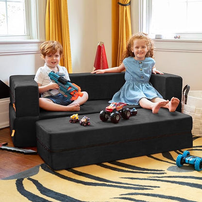 Jaxx Zipline Kids Sofa & Large Ottoman 3 in 1 Fold Out Sofa, Big Kids Edition Black