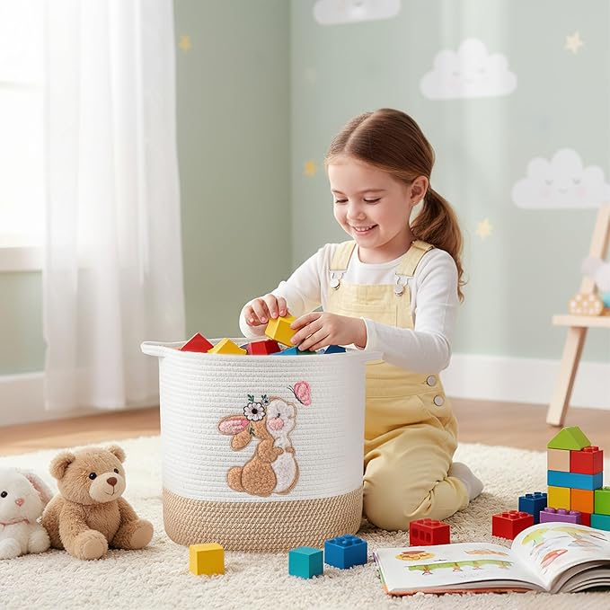 INough Large Blanket Baskets for Living Room, Bunny Baskets Toy Storage Basket Woven Cotton Rope Basket for Kids, Toys Organizer Clothes Hamper with Embroidery, Laundry Hamper Nursery Decor ( Large )