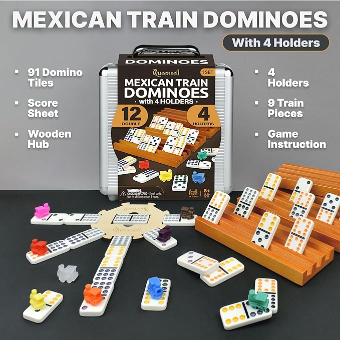 Mexican Train Dominoes Set with 4 Holders - Dominoes Double 12 with Wooden Hub and Tiles Holders - Double 12 Dominos Set for Family Game Night for Adults and Kids Ages 8 and up (D12 + 4 Holders)