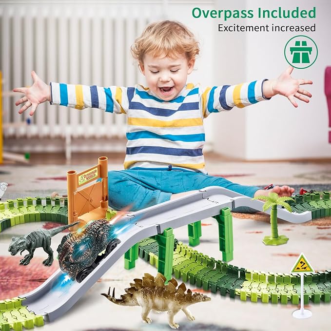 Dinosaur Race Track Toys for Kids Toddlers,206PCS Create A Dinosaur World Road Race, Birthday Gift Dinosaur Toys for 3 4 5 6 7 8Years Old Boys and Girls,Flexible Train Tracks with 2 Race Cars