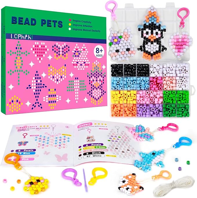 LORHAKI Bead Pets Kit, Art Craft Gift for Kids, Bead Animals Keychain Kit, Bead Art Craft Set for Beginners with Instructions, Pony Beads for Keychain Making Kit, DIY Jewelry Making Kit for Girls