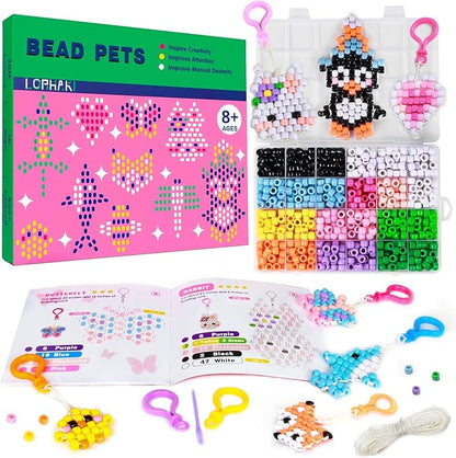 LORHAKI Bead Pets Kit, Art Craft Gift for Kids, Bead Animals Keychain Kit, Bead Art Craft Set for Beginners with Instructions, Pony Beads for Keychain Making Kit, DIY Jewelry Making Kit for Girls