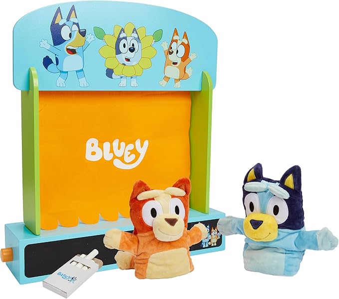 Bluey Wooden Puppet Theater for Kids Playset, 20" Kids Pretend Stage Puppets, Interchangeable Fabric Backdrops & Roll-Down Curtain