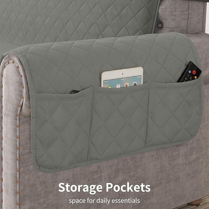 CHUN YI Loveseat Cover, Water Resistant Slipcover for 2 Cushion Couch, Washable Sofa Cover with Adjustable Strap Storage Pocket for Living Room Dog Pet (Loveseat, Light Grey)