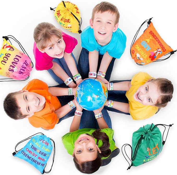 Frienda 10 Sets Christian Gift Bags Bulk Bible Verse Drawstring Bags with Jesus Slap Bracelets Religious Party Favors Gifts Jesus Loves You for Sunday School Classroom Prizes Party Supplies(Stylish)