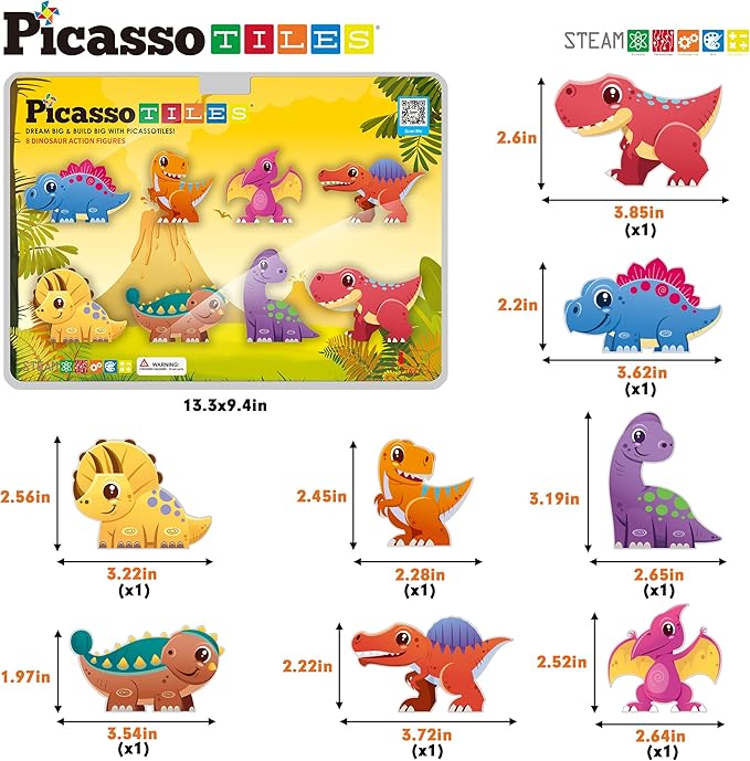 PicassoTiles Magnet Tiles Building Blocks 8 Dinosaur Magnetized Action Figures Compatible Magnetic Construction Build and Play Tile Accessory Toy STEAM Educational Learning Toys Kids Ages 3+ PTA23