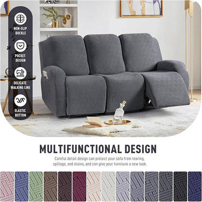 KinCam Recliner Covers, Stretch Reclining Chair Covers, Recliner Sofa Slipcovers Stripe Jacquard Recliner Couch Covers Furniture Protector Covers for Pet Kid (3 Seater, Dark Gray)