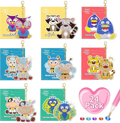 MOVINPE Bulk Valentines Day Craft Gifts for Kids Classroom Bulk, 24 Pack 5D Diamond Art Painting Keychains with Greeting Cards, School Prizes, Exchange Gift, Party Favors for Toddlers