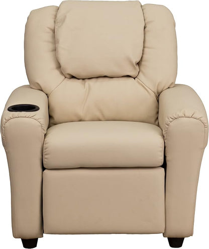 Flash Furniture Vana Vinyl Kids Recliner with Cup Holder, Headrest, and Safety Recline, Contemporary Reclining Chair for Kids, Supports up to 90 lbs., Beige