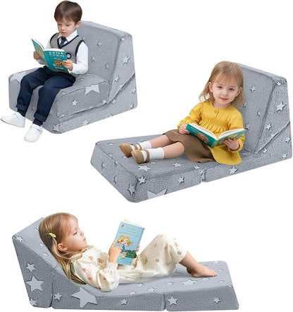 MeMoreCool Toddler Couch Fold Out Sofa Bed, Kids Lounge Chair Foldable Floor Lounger, 3-in-1 Folding Children Chair Bed, Pull Out Recliner for Toddlers 1-6, Star