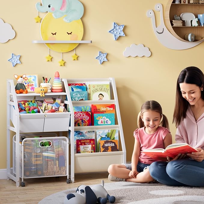 Kids Bookshelf and Toy Storage Organizer - 3 Tier Book Shelf for Kids Rooms with Movable Drawer, Kid Bookcase with 2 Toy Bins, Toddler Baby Childrens Bookshelf, for Bedroom Playroom Classroom (White)