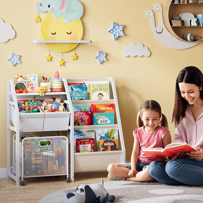 Kids Bookshelf and Toy Storage Organizer - 3 Tier Book Shelf for Kids Rooms with Movable Drawer, Kid Bookcase with 2 Toy Bins, Toddler Baby Childrens Bookshelf, for Bedroom Playroom Classroom (White)