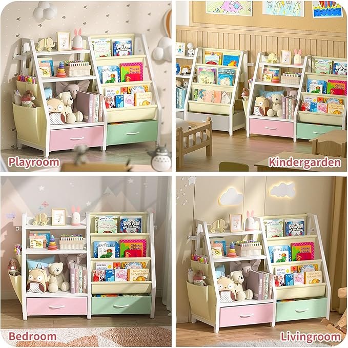 Twinkoo Kids Bookshelf and Toy Storage, Sturdy 3 Tier Kids Bookcase, Sling Bookshelf and 2 Toy Boxes, Toddler Montessori Bookshelf with Toy Organizer, for Kids Room, Game Room, Nursery