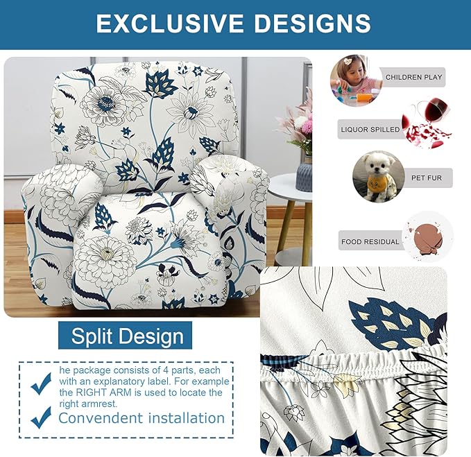 NILUOH Recliner Covers 4-Pieces Stretch Lazy Boy Recliner Chair Covers with Pocket Floral Pattern Reclining Slipcovers Soft Sofa Slipcover Furniture Protector for Pets Kids (Recliner, Pattern 31)