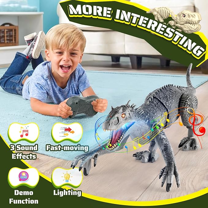 Remote Control Dinosaur, Realistic Dinosaur Toys for Kids 3-5, 2.4GHZ, Walking,Rechargeable, 3D Eyes, 3 Sound Effects, Demo Function, Jurassic Toys for Christmas, Kids 3+，Gray, Large Size