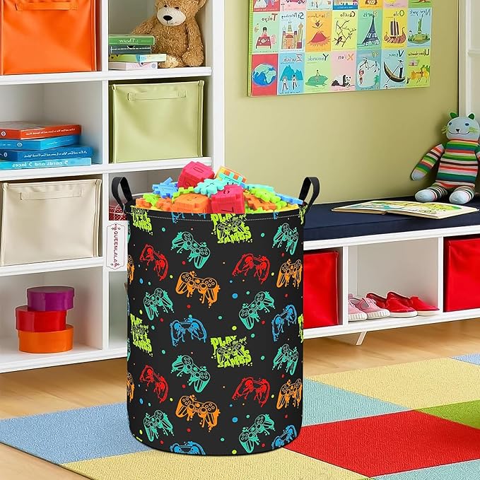 QUEENLALA Large Storage Basket,Laundry Hamper/Bathroom/Home Decor/Collapsible Round Storage Bin,Boys and Girls Hamper/Boxes/Clothing(Round-Black Game)