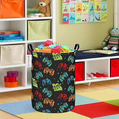QUEENLALA Large Storage Basket,Laundry Hamper/Bathroom/Home Decor/Collapsible Round Storage Bin,Boys and Girls Hamper/Boxes/Clothing(Round-Black Game)