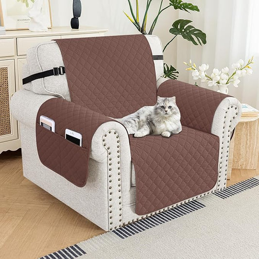 XINEAGE Quilted Chair Sofa Cover Waterproof Chair Covers for Armchair, Super Soft Washable Slipcover with Pockets & Non-Slip Elastic Straps, Thick Furniture Protector (Chair, Coffee)