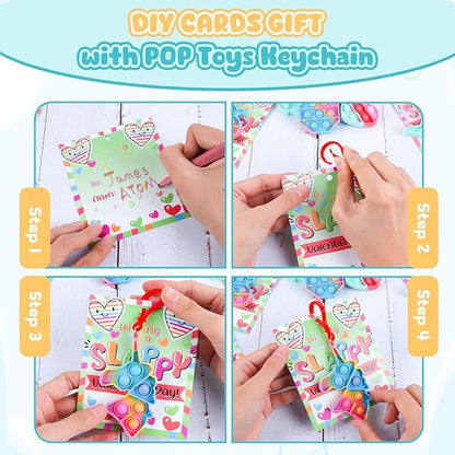 24 Packs Valentines Day Gifts for Kids,Valentines Pop Fidget Toys Bulk with Keychain for Kids School Class Classroom Valentines Day Cards Gifts Prizes Party Favors