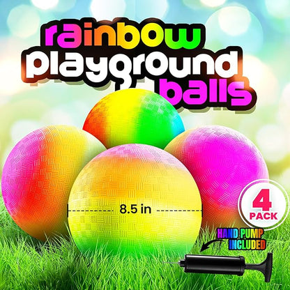 PlayBolt Rainbow Playground Balls - 8.5 Inch (Pack of 4) Rubber Bouncy Colorful Inflatable Balls for Kids and Adults, Indoor & Outdoor Games, Kickball, Dodgeball, Four Square, Dodge, Recess, Handball