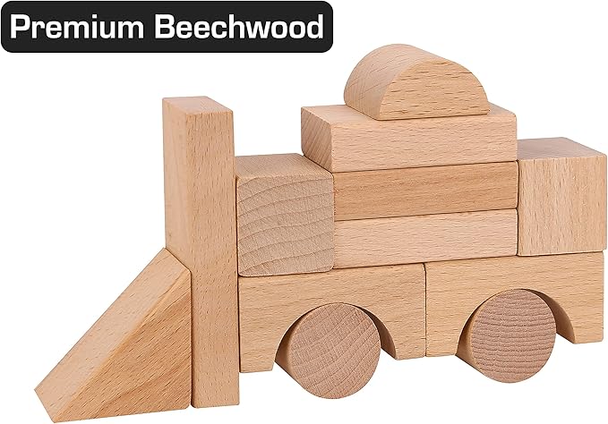 Pidoko Kids Wooden Blocks - 100 Pcs - Building Blocks for Toddlers - Includes Storage Container with Shape Sorter Lid - Natural Beech Wood Blocks - Preschool Learning Toys Stacking Block