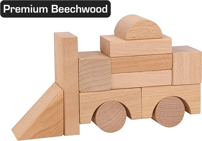 Pidoko Kids Wooden Blocks - 100 Pcs - Building Blocks for Toddlers - Includes Storage Container with Shape Sorter Lid - Natural Beech Wood Blocks - Preschool Learning Toys Stacking Block