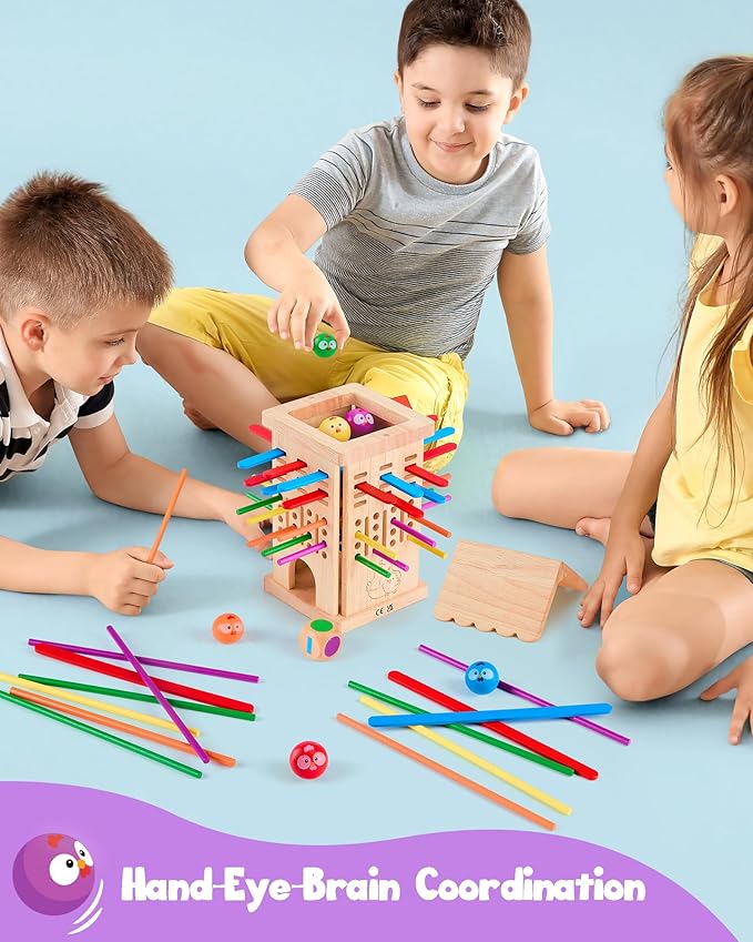 Montessori Toys Wooden Board Games for 3 4 5 6 Years Old, 34 Colorful Wooden Sticks Fine Motor Skills Toy for Kids 4-6, Math&Counting Learning Toy Family Games for Girls Boys 3 Year Olds Gift Ideas