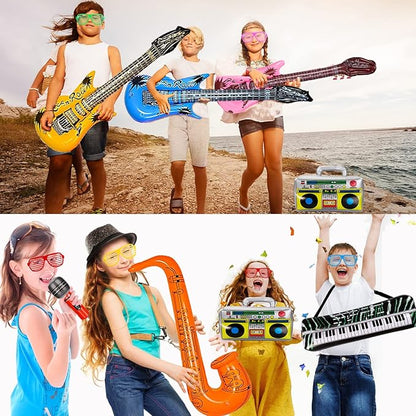 smilixin 22 Pack Inflatable Guitar,Blow Up Guitar,Inflatable Rock Star Toy Set,6 Inflatable Guitars,6 Microphones,6 Shutter Shading Glasses,1 Saxophone,1 Inflatable Piano,1 Inflatable Recorder