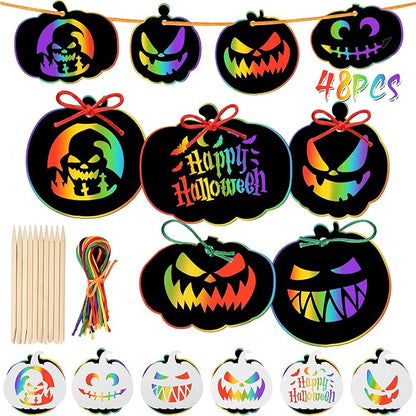 JULMELON 48 Pieces Halloween Scratch Paper Crafts Kit Bulk of Halloween Pumpkins Magic Rainbow Scratch Art for Kids DIY Party Ornaments Halloween Decor with 6 Pcs Halloween Pumpkins Stencils