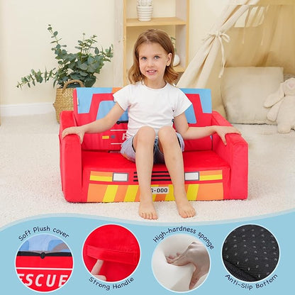 MallBest Kids Sofas, Extra Wide Toddler Couch Bed - 2 in 1 Baby Convertible Foam Chair to Lounger,Toddler Couch for Boys and Girls,Red/Fire Truck