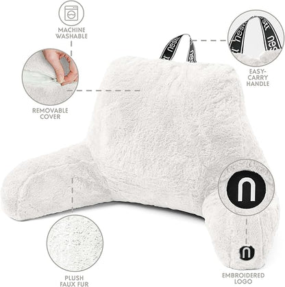 Nestl Fur Reading Pillow, Stylish Back Pillow for Bed Sitting Up, Faux Fur Bed Chair Pillow with Arms, Reading Pillows for Sitting in Bed Adult & Kids, Sit Up Back Support Pillow for Bed Rest - White