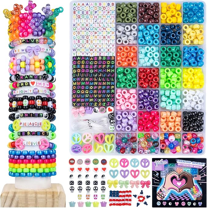 Deinduser Kandi Beads Kit, Pony Beads for Bracelet Making, Pony Beads Kit with Letter Beads, Peace Beads, Skull Beads, Heart Beads, Beads for Jewelry Making, Jewelry Making Kit for Adults&Kids