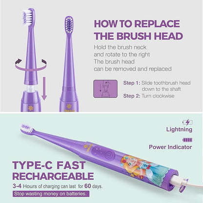 Vekkia Sonic Rechargeable Kids Electric Toothbrush, 3 Modes with Memory, Fun & Easy Cleaning, 24000 Strokes, IPX7 Waterproof, 2-Min Timer for Age 5+, 4 Soft Bristles(Purple)